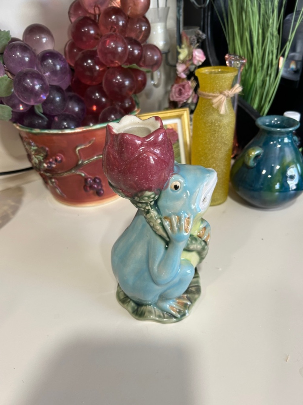 Blue Frog Figurine with Red Tulip holds a tapered candle - Decorative Accent - Picture 3 of 8